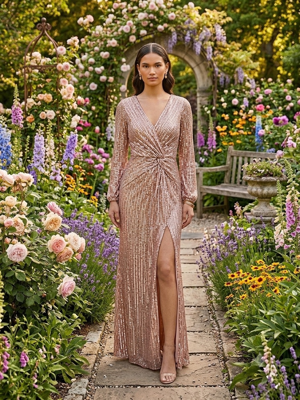 Rose Gold Sequin Wrap Gown - Women's Evening Dress